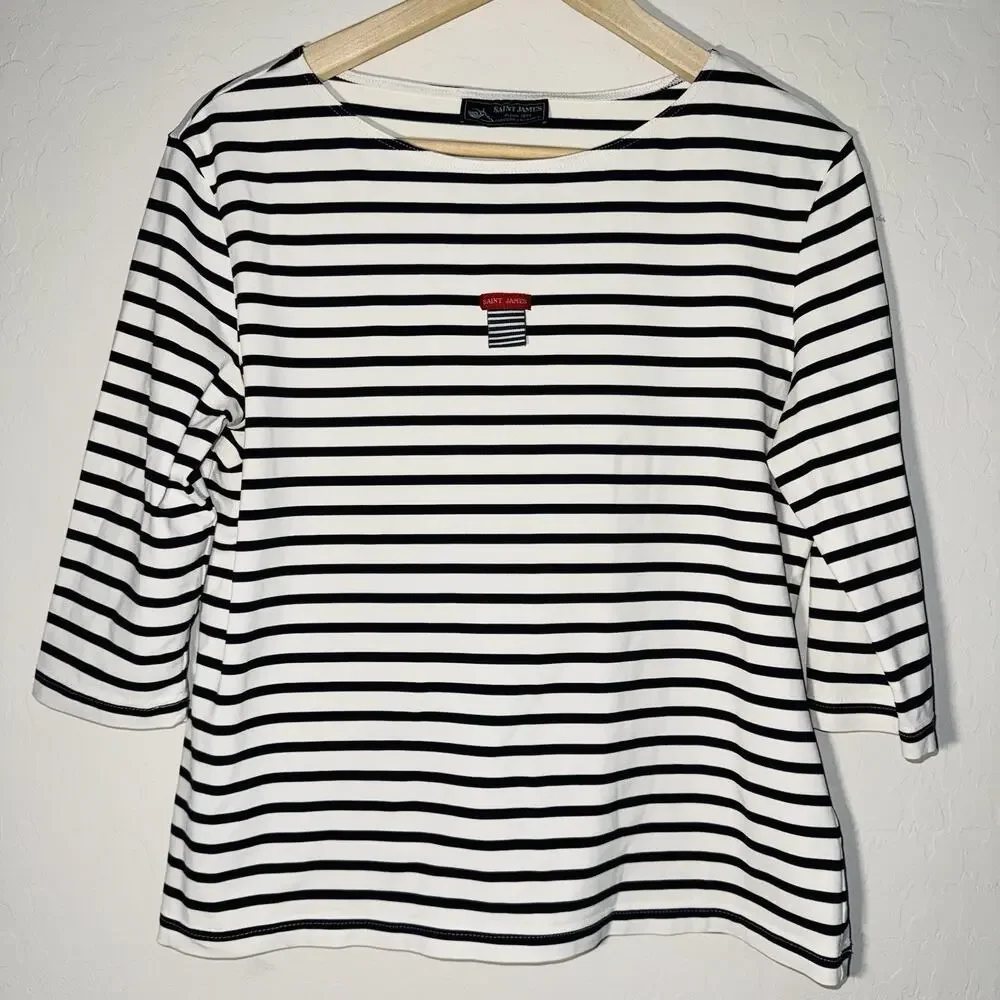Saint James Womens Boat Neck Top Striped Coastal Navy Blue White Size Large - Picture 2 of 8